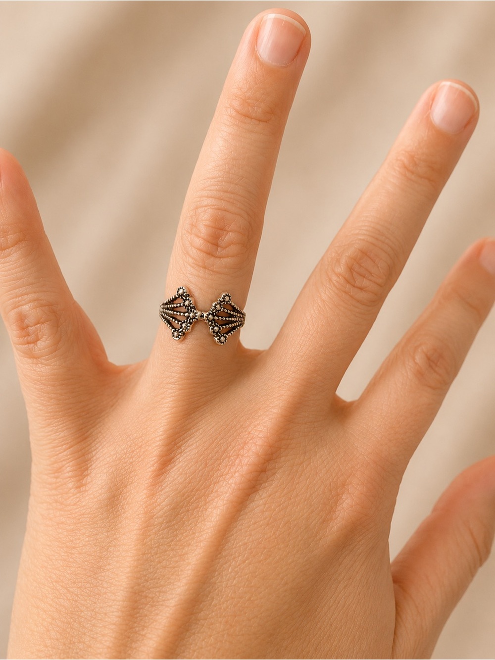 Vintage-Inspired Black Beaded Open Ring